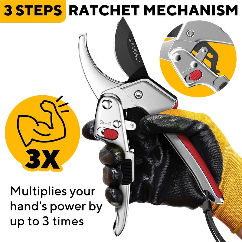 GEROSSI Ratchet Pruning Shears for Gardening Heavy Duty - Increases Cutting Power 3x - Perfect Ratchet Pruners for Weak Hands & Arthritis - 8” Anvil Garden Clippers - Sharp Blade for Effortless Cutting - Red - Image 3